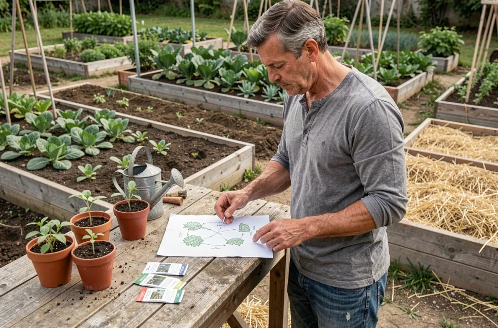 Jardinier consultant un plan de rotation des cultures devant des carrés potagers en bois surélevés