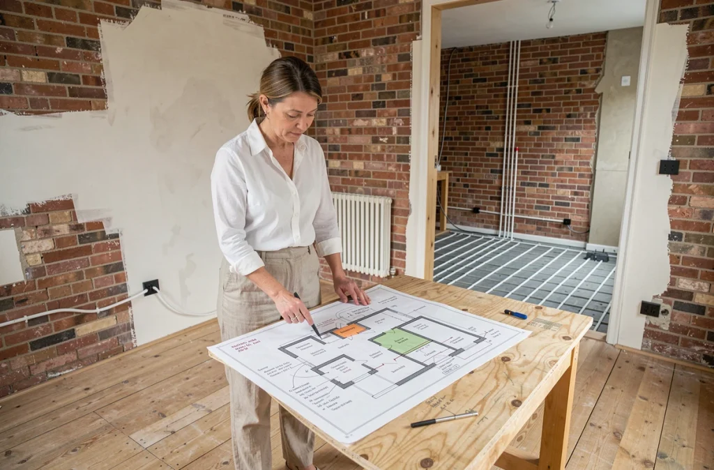 Femme consultant des plans d'installation de chauffage dans une maison en cours de rénovation