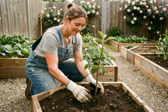 Femme qui plante un jeune arbre fruitier dans un jardin bien organisé au printemps