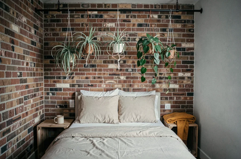 Chambre studio urbaine avec plantes suspendues au-dessus du lit contre un mur en brique apparente