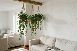 Coin salon de petit appartement urbain dynamisé par des plantes suspendues en macramé au plafond