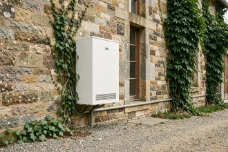 Pompe à chaleur moderne installée sur le mur en pierre d'une ancienne bâtisse rénovée