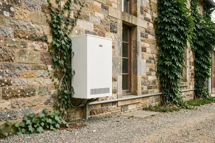 Pompe à chaleur moderne installée sur le mur en pierre d'une ancienne bâtisse rénovée