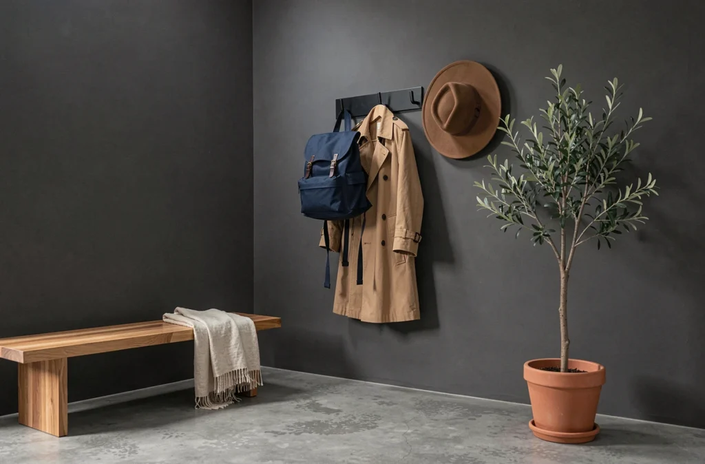 Porte-manteau mural noir sur mur anthracite dans un salon moderne avec banc en bois et plante d'intérieur