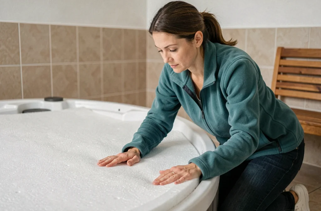 Femme posant une couverture isolante thermique sur un spa intérieur pour limiter les déperditions de chaleur