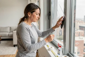 Femme appliquant un film isolant transparent sur une fenêtre d'appartement avec une raclette