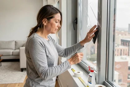 Femme appliquant un film isolant transparent sur une fenêtre d'appartement avec une raclette