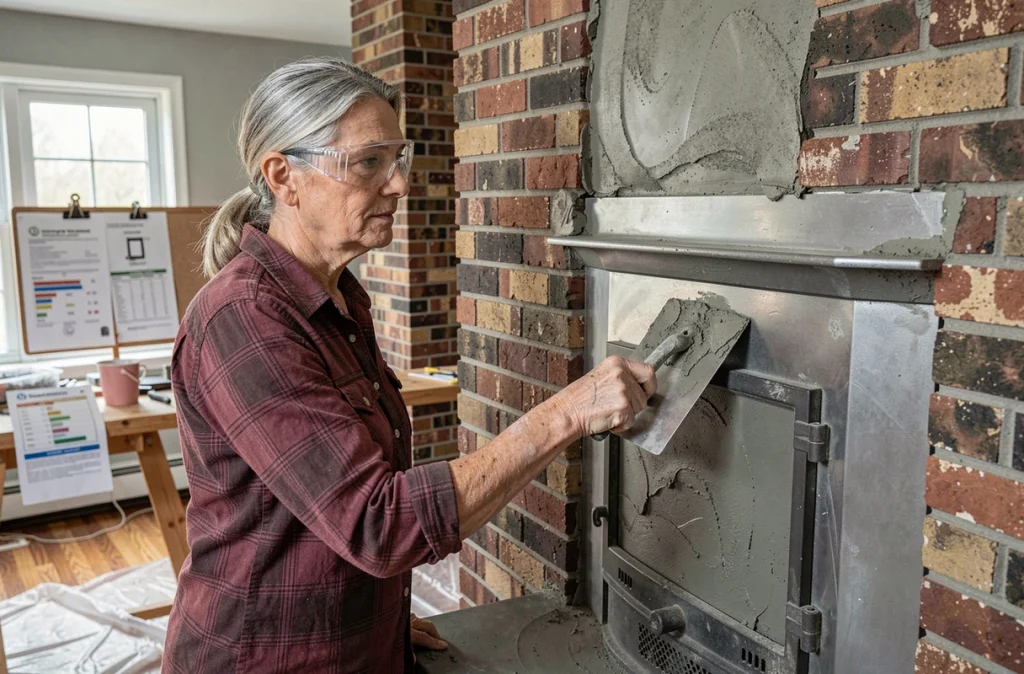 Femme appliquant du ciment réfractaire sur l'insert d'une cheminée en fonte lors de sa rénovation pour améliorer le rendement énergétique