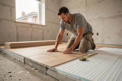 Artisan posant un parquet en chêne massif sur une sous-couche isolante thermique dans une maison en rénovation