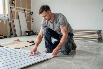 Artisan posant un plancher chauffant électrique lors de travaux de rénovation d'un salon