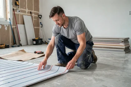 Artisan posant un plancher chauffant électrique lors de travaux de rénovation d'un salon