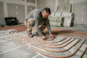 Artisan posant des tuyaux de plancher chauffant sur un sous-plancher en béton dans une pièce en rénovation