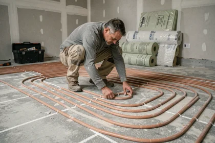Artisan posant des tuyaux de plancher chauffant sur un sous-plancher en béton dans une pièce en rénovation