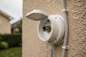 Prise coaxiale extérieure étanche montée sur un mur en crépi avec couvercle de protection et câble coaxial, gouttes de pluie visibles