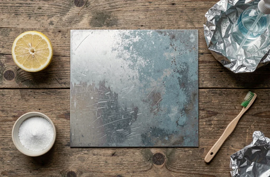Vue de dessus des produits du quotidien utilisés pour patiner le zinc disposés sur une table en chêne