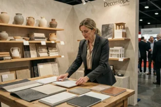 Professionnelle examinant des échantillons de décoration intérieure au salon Decoscope Bordeaux