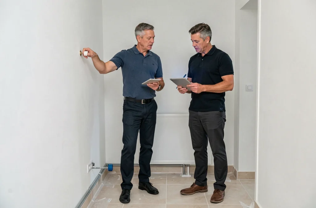 Deux professionnels discutant du positionnement d'un radiateur dans un couloir de logement neuf