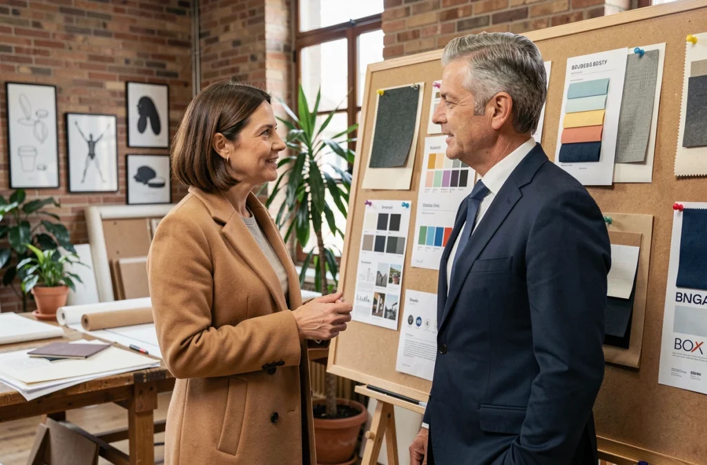 Deux professionnels discutant d'un projet de décoration de cabinet dans un studio de design à Bordeaux