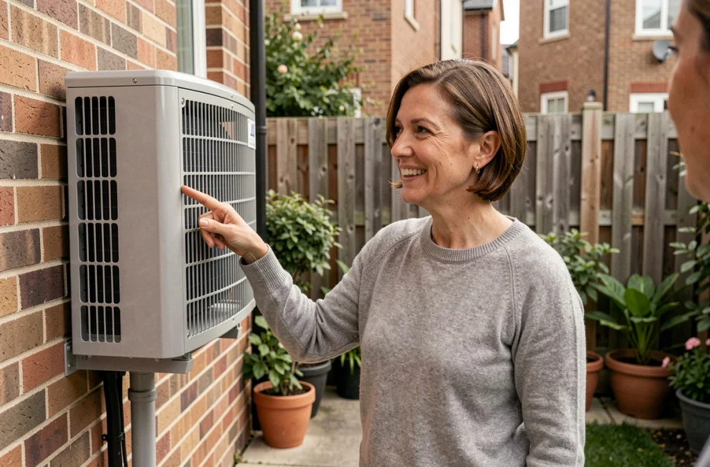 Propriétaire montrant une pompe à chaleur installée sur la façade d'une maison rénovée énergétiquement