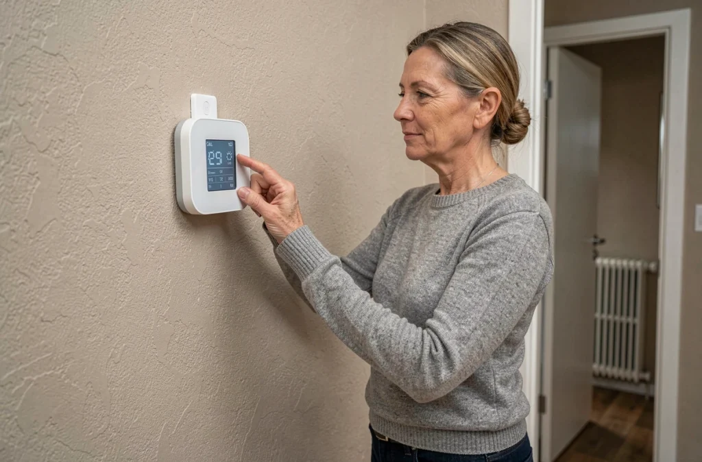 Propriétaire réglant un thermostat programmable connecté dans un couloir de maison lors de la rénovation du système de chauffage