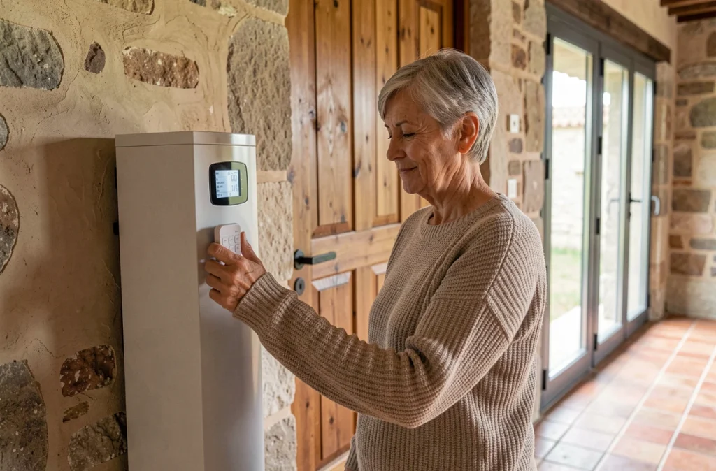 Propriétaire vérifiant le thermostat d'une pompe à chaleur installée dans une vieille maison en pierre rénovée