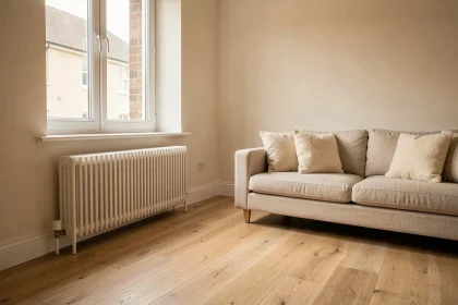 Radiateur blanc sous une fenêtre dans un salon moderne avec parquet en chêne et canapé minimaliste pour une chaleur homogène