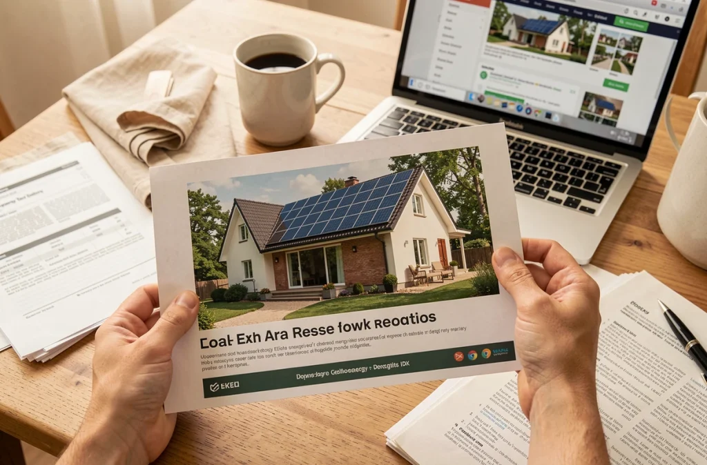 Mains tenant une brochure immobilière de logement basse consommation avec panneaux solaires, posée sur une table avec un ordinateur portable et des documents de recherche
