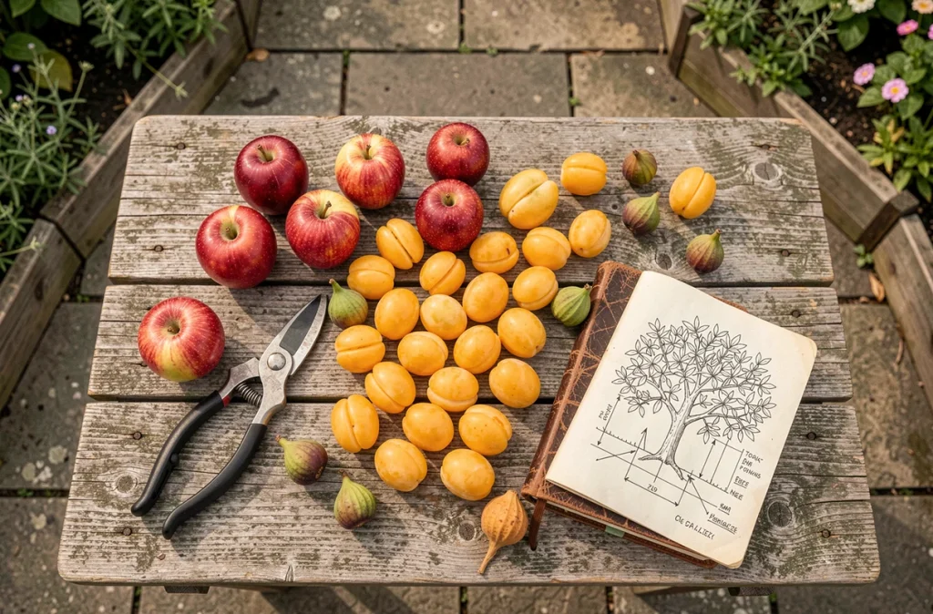 Récolte de fruits du jardin disposée sur une table avec des outils de jardinage et un plan de plantation