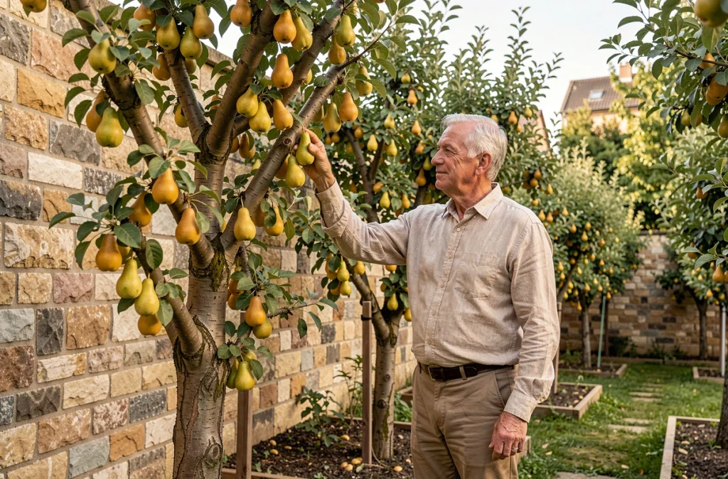 Homme inspectant les fruits d'un poirier espalier dans un verger urbain compact