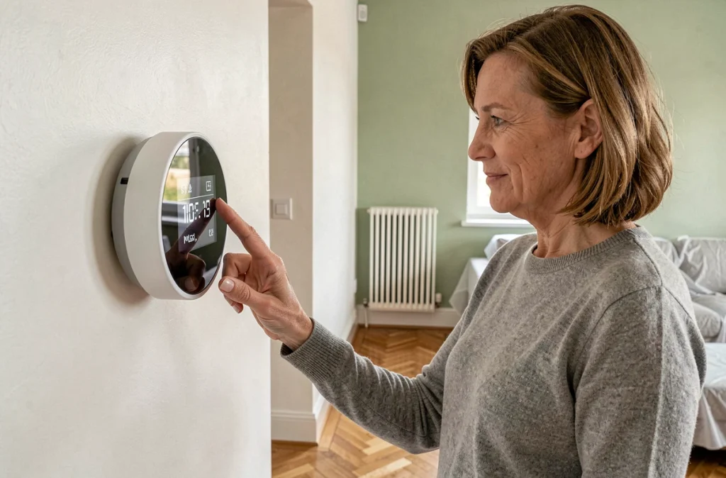 Femme réglant un thermostat connecté dans un salon rénové avec parquet et radiateur moderne