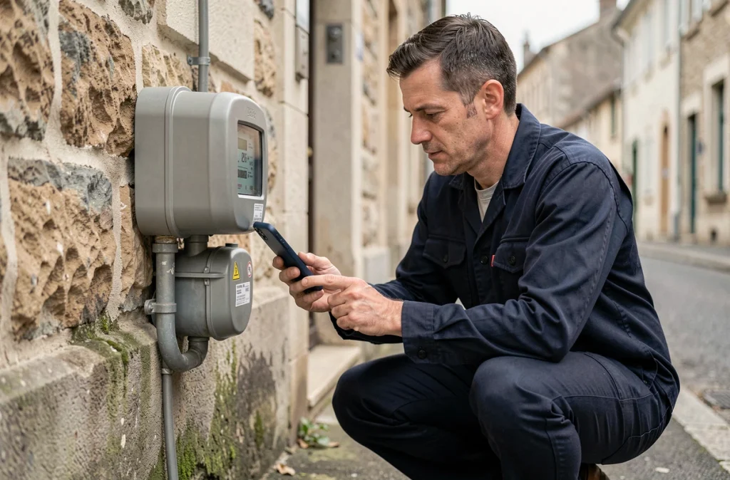 Technicien photographiant un compteur d'eau extérieur avec son smartphone pour un relevé précis