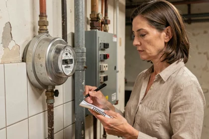 Femme lisant un compteur électrique dans une cave résidentielle avec un carnet de notes à la main