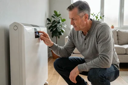 Un homme remplaçant un ancien radiateur électrique par un modèle à inertie moderne dans un salon contemporain