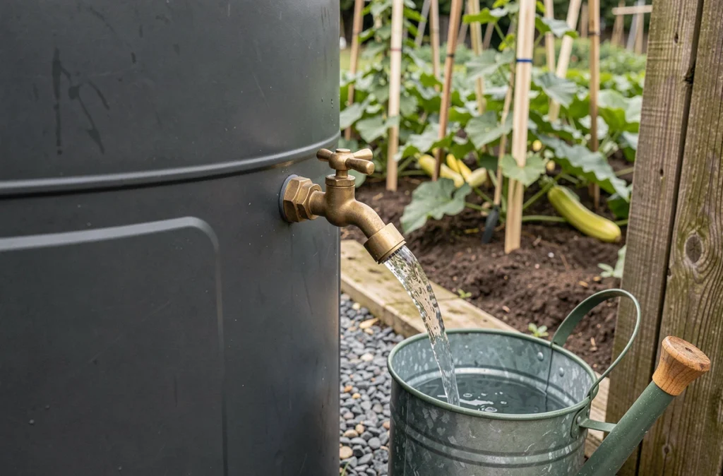 Arrosoir rempli depuis le robinet d'un récupérateur d'eau de pluie avec un potager flou en arrière-plan