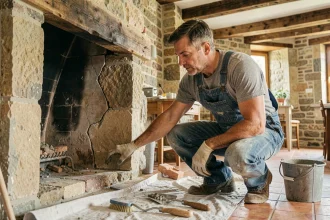 Artisan inspectant l'intérieur d'une vieille cheminée en pierre dans une maison de campagne française lors de travaux de rénovation
