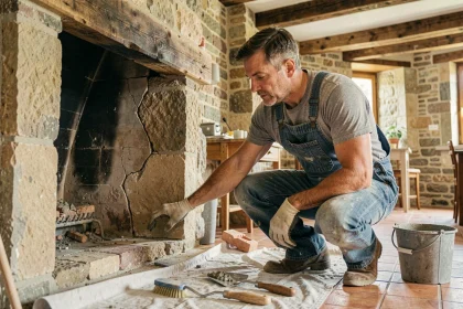 Artisan inspectant l'intérieur d'une vieille cheminée en pierre dans une maison de campagne française lors de travaux de rénovation