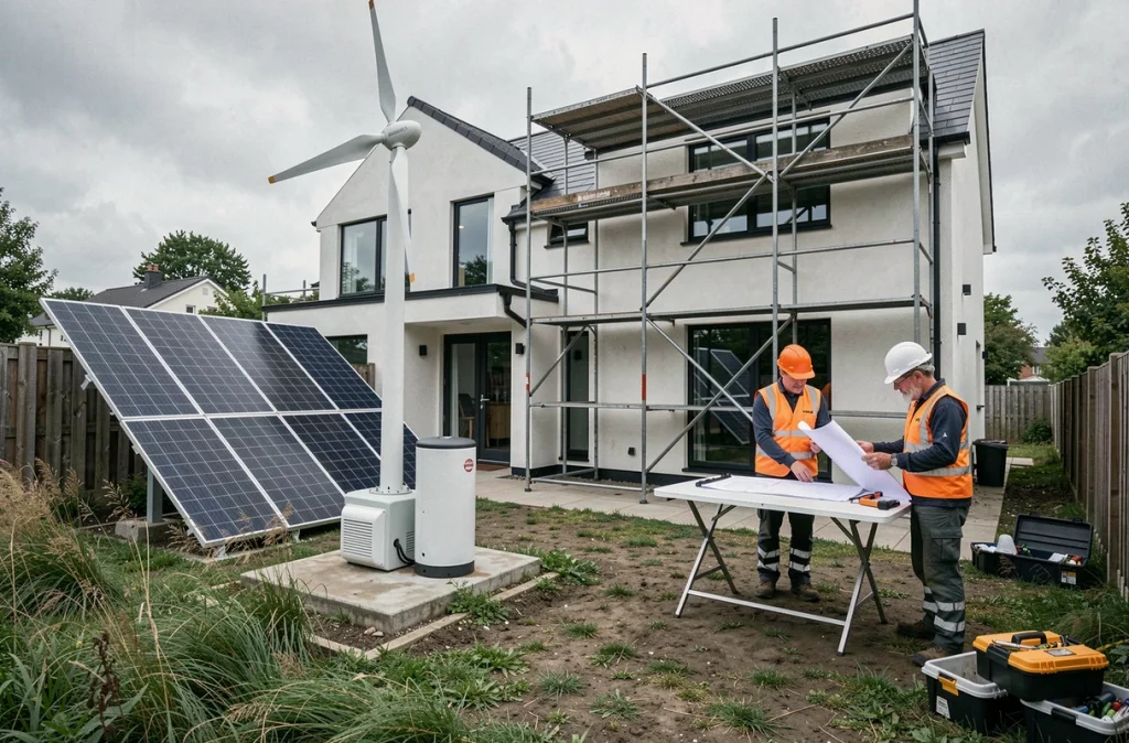 Vue extérieure d'une maison en rénovation avec installation simultanée de panneaux solaires, d'une pompe à chaleur et d'une petite éolienne dans le jardin