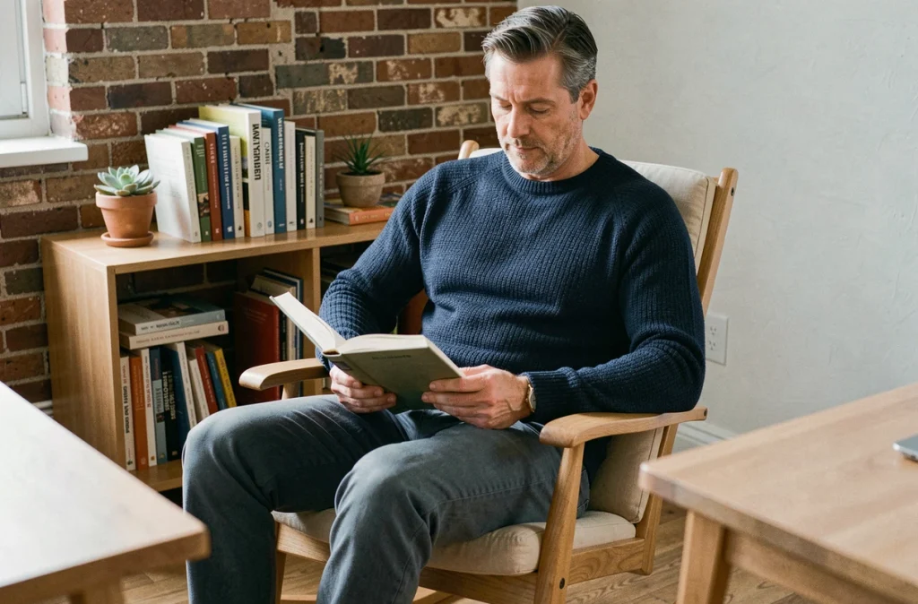 Homme lisant dans un rocking chair scandinave installé dans un bureau à domicile avec petite bibliothèque compacte