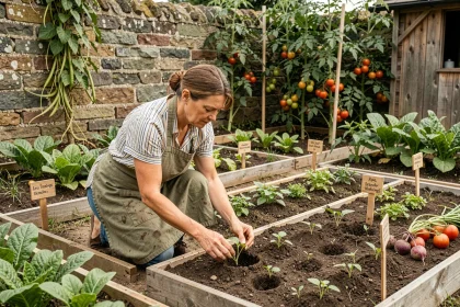 Jardinière amateur pratiquant la rotation des cultures dans un potager familial organisé en sections distinctes