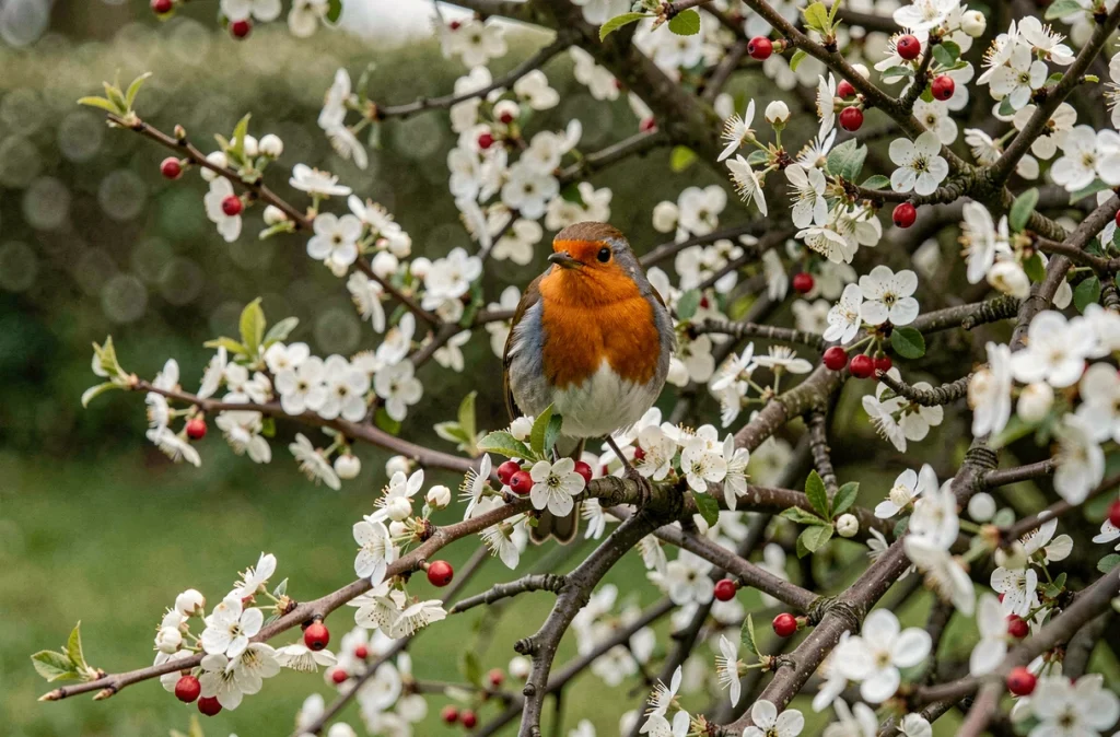 Rouge-gorge perché dans une haie d'aubépine en fleurs avec baies rouges et fleurs blanches au printemps