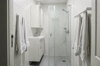 Salle de bain 4m2 sans WC aménagée pour famille avec circulation fluide, meuble vasque arrondi et receveur antidérapant