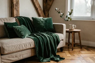 Salon cosy en hiver avec coussins et plaid en velours vert forêt sur canapé en lin naturel