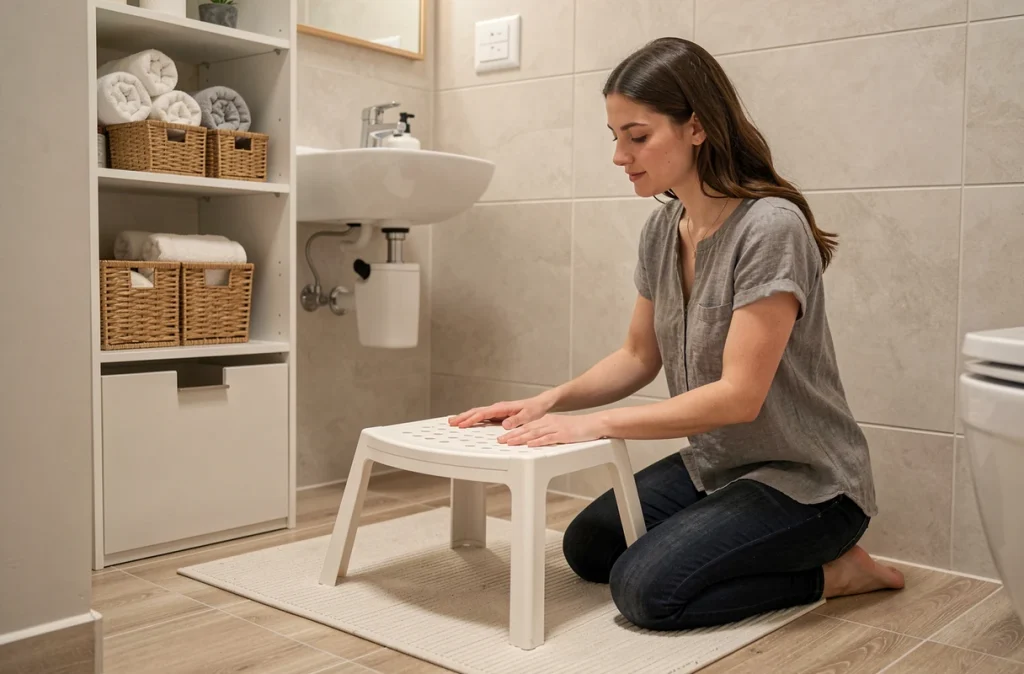 Mère aidant son enfant dans une salle de bain 4m2 sécurisée avec marchepied et meuble bas adapté