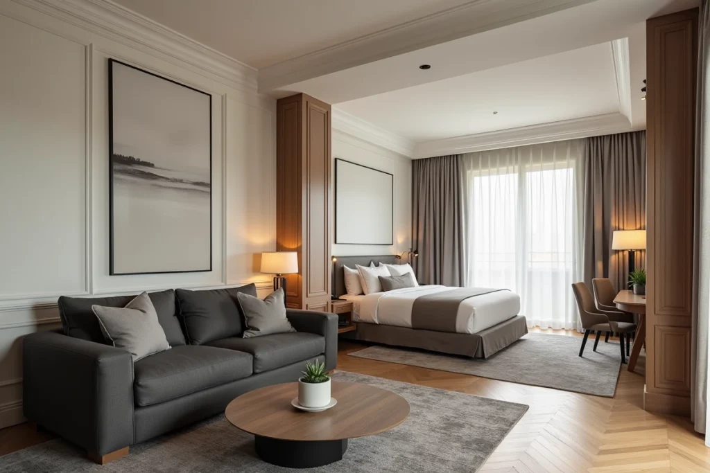 Suite hôtelière spacieuse avec coin salon et chambre séparée, parquet en chêne et grandes fenêtres