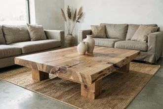 Table basse en chêne brut avec veinage naturel dans un salon contemporain aux tons neutres et matériaux naturels
