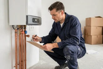 Technicien en chauffage inspectant une chaudière murale dans un appartement neuf non meublé