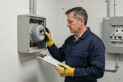 Technicien électricien examinant un compteur électrique résidentiel lors d'un transfert de compteur