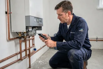 Technicien en uniforme inspectant une chaudière murale à gaz dans une chaufferie résidentielle