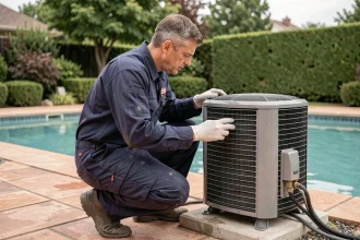 Technicien inspectant une pompe à chaleur de piscine dans un jardin résidentiel