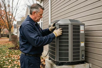 Technicien CVC inspectant une unité extérieure de pompe à chaleur en automne sur une maison en région tempérée